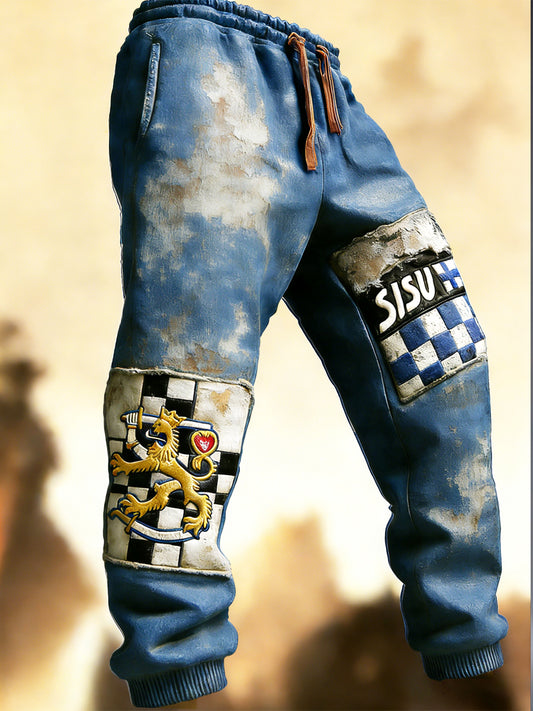 Mäns finska Patchwork Vintage Print Casual Byxor