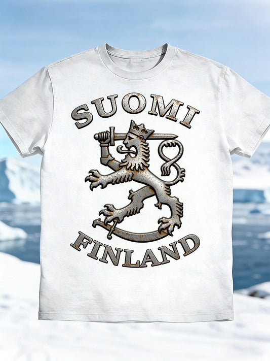 Mäns finska SUOMI Metal Print Vit Casual T-shirt