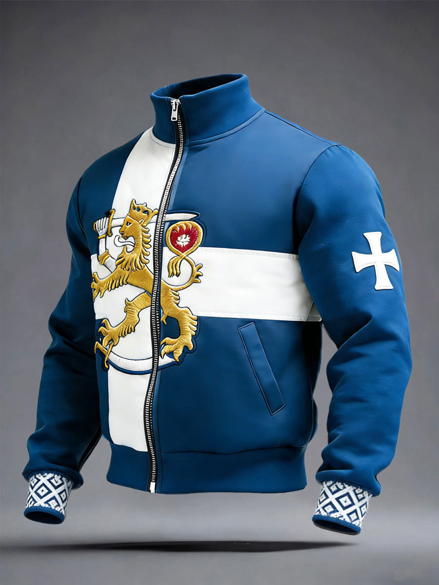 Mäns Blå Finland Flagg Lappverk Print Casual Zip-Up Jacka