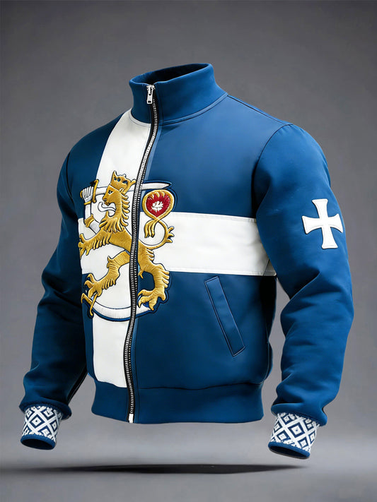 Mäns Blå Finland Flagg Lappverk Print Casual Zip-Up Jacka