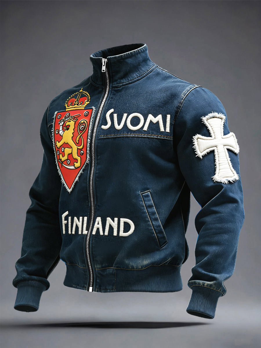 Mäns finska SUOMI Denim-stil patchwork Print Zip Jacka
