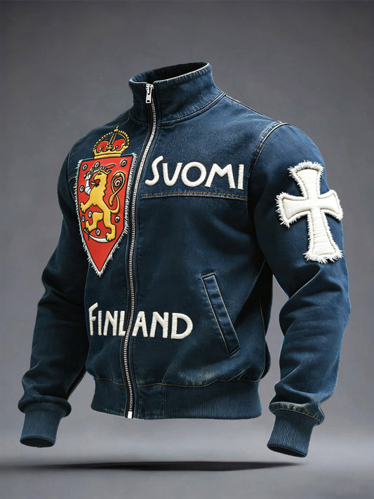 Mäns finska SUOMI Denim-stil patchwork Print Zip Jacka