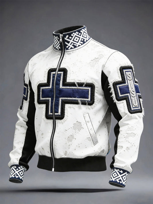 Mäns Vita finska flagga Vintage patchwork Print Stand krage Zip Jacka