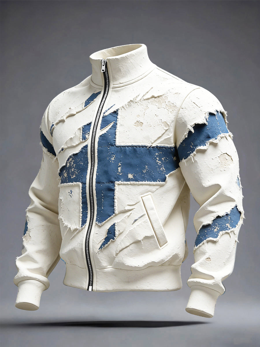 Mäns finska flagga Lappverk Print Vit Vintage Casual Zip-Up Jacka