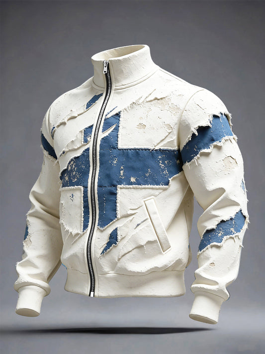 Mäns finska flagga Lappverk Print Vit Vintage Casual Zip-Up Jacka