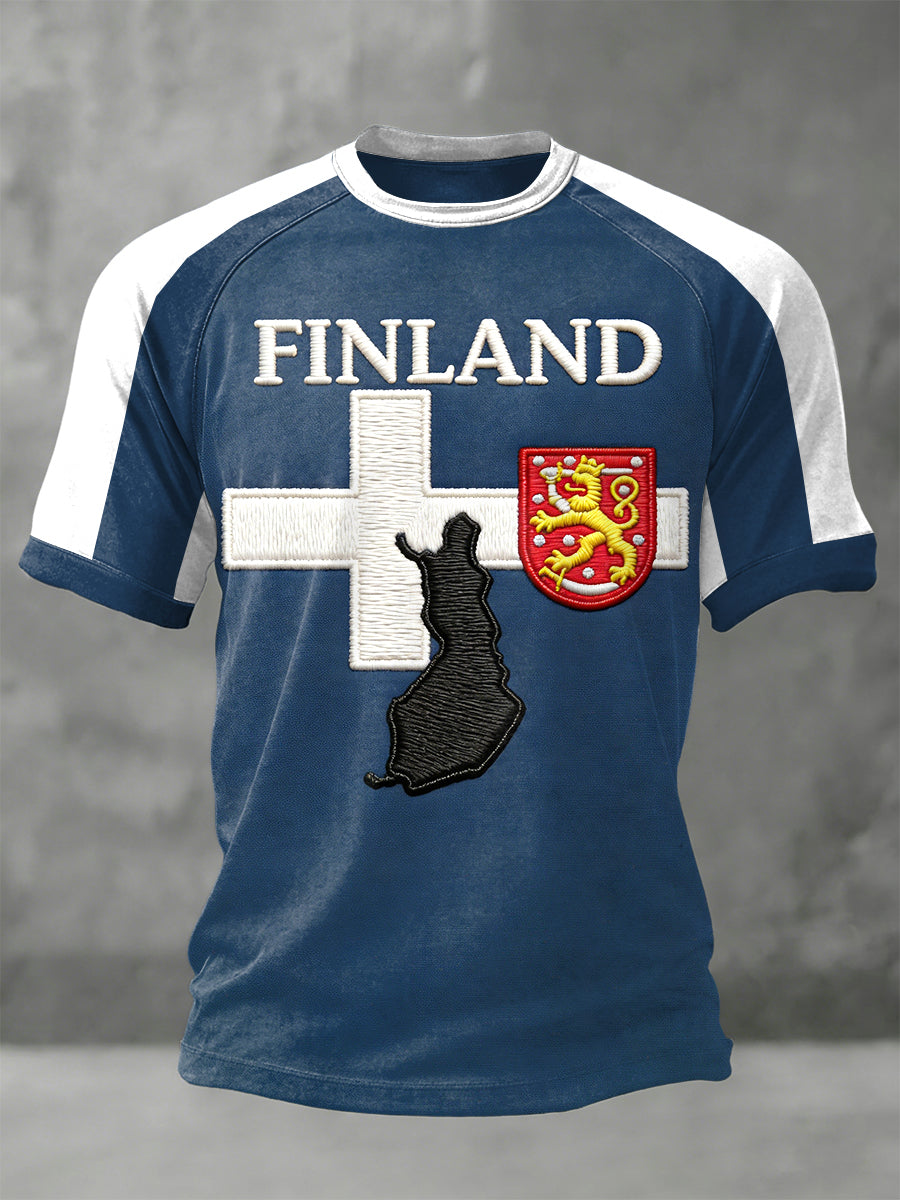 Mäns Finland Flagg Patchwork Casual T-shirt