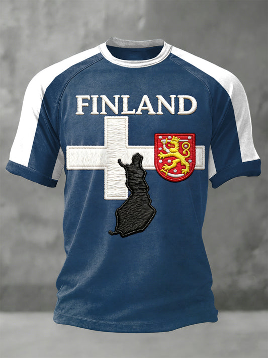 Mäns Finland Flagg Patchwork Casual T-shirt