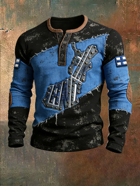 Mäns Retro Finska Karta Patchwork Skriv ut Casual Henley Neck Sweatshirt