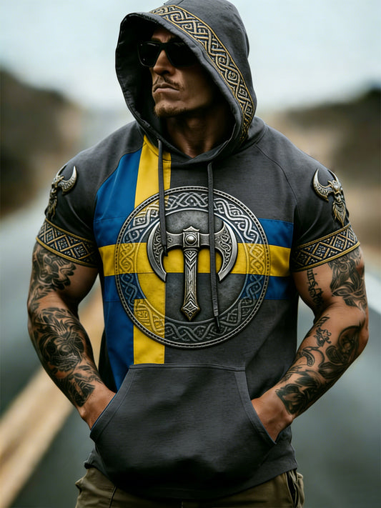 Mäns svenska Viking-stil Korta ärmar Huvade Topp
