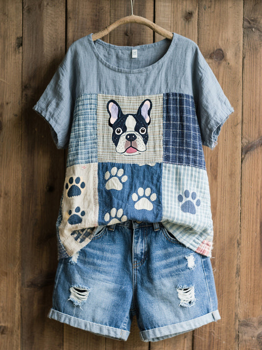 Kvinnors vackra franska Bulldog mönster mönster mönster konst lin blandning skjorta