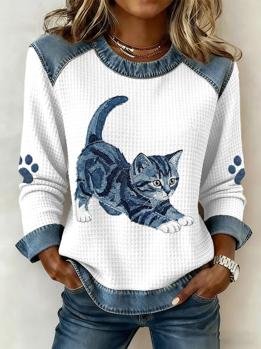 Kvinnors vackra katt mönster Denim Patchwork konst Sweatshirt