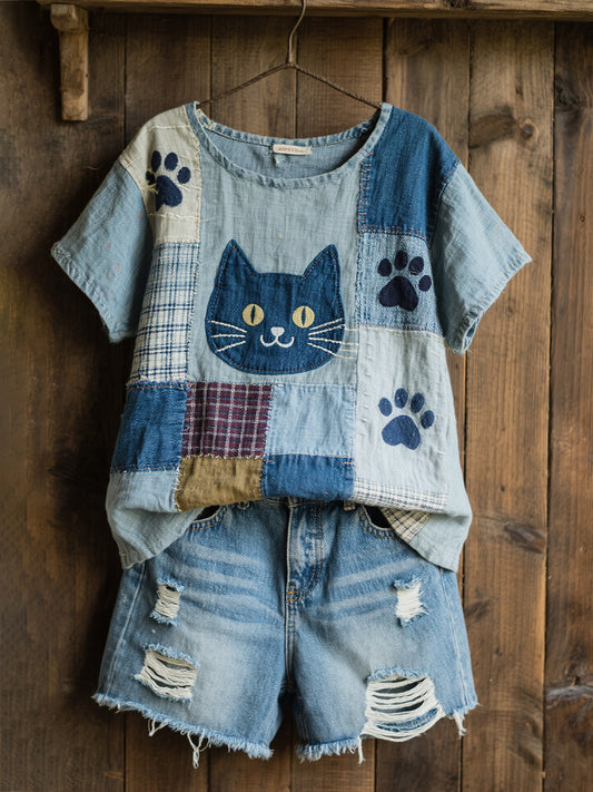 Kvinnors vackra katt mönster mönster konst lin blandning skjorta