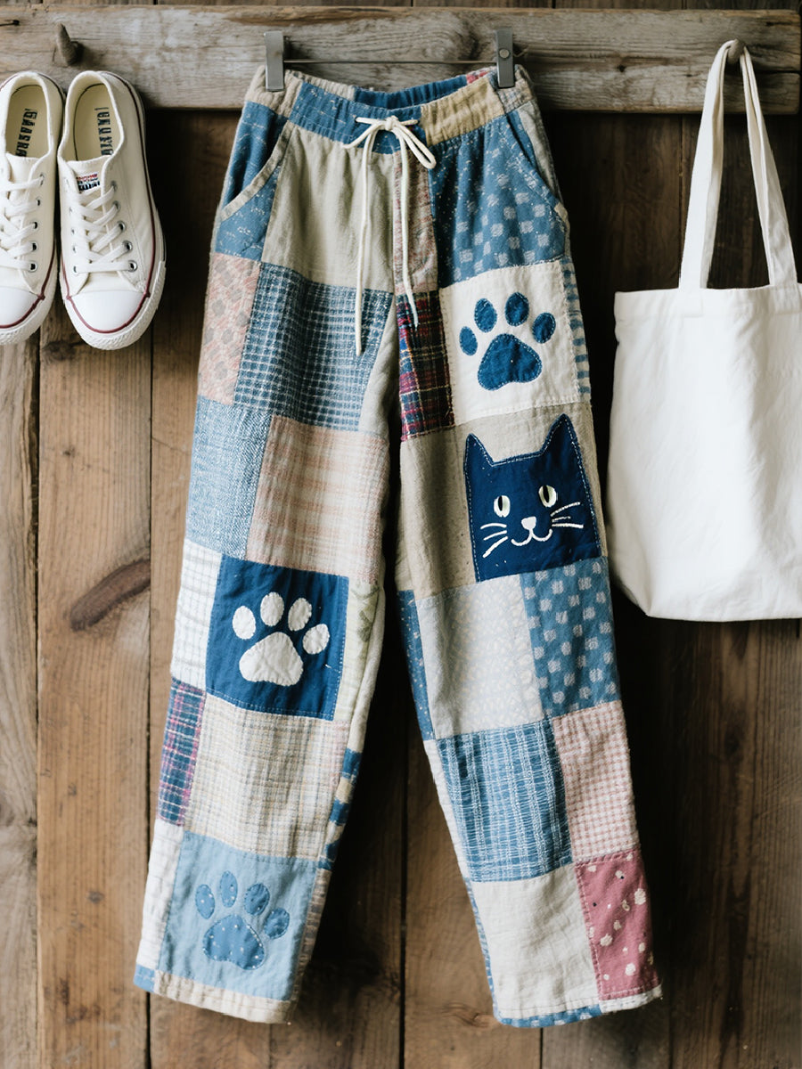 Kvinnors vackra katt mönster mönster konst lin blandning byxor