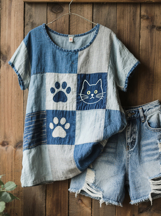 Kvinnors vackra katt mönster mönster konst lin blandning skjorta