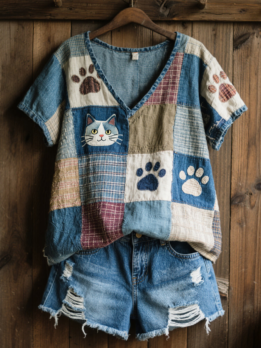 Kvinnors vackra katt patchwork konst V-hals topp
