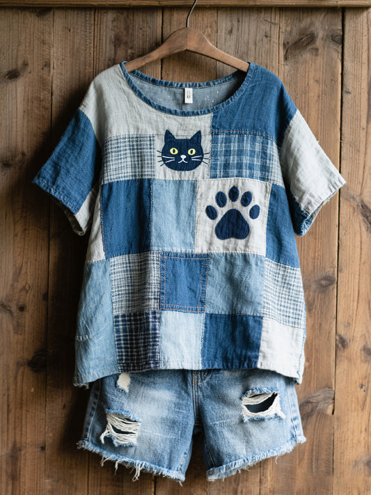 Kvinnors vackra katt mönster mönster konst lin blandning skjorta