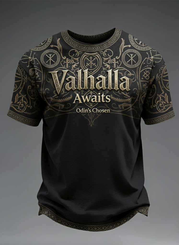 Mäns Valhalla väntar Viking tryckt T-shirt
