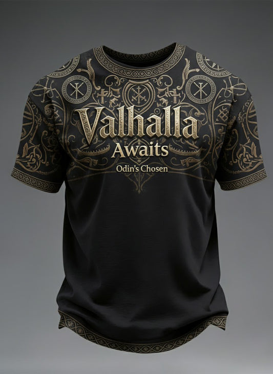 Mäns Valhalla väntar Viking tryckt T-shirt