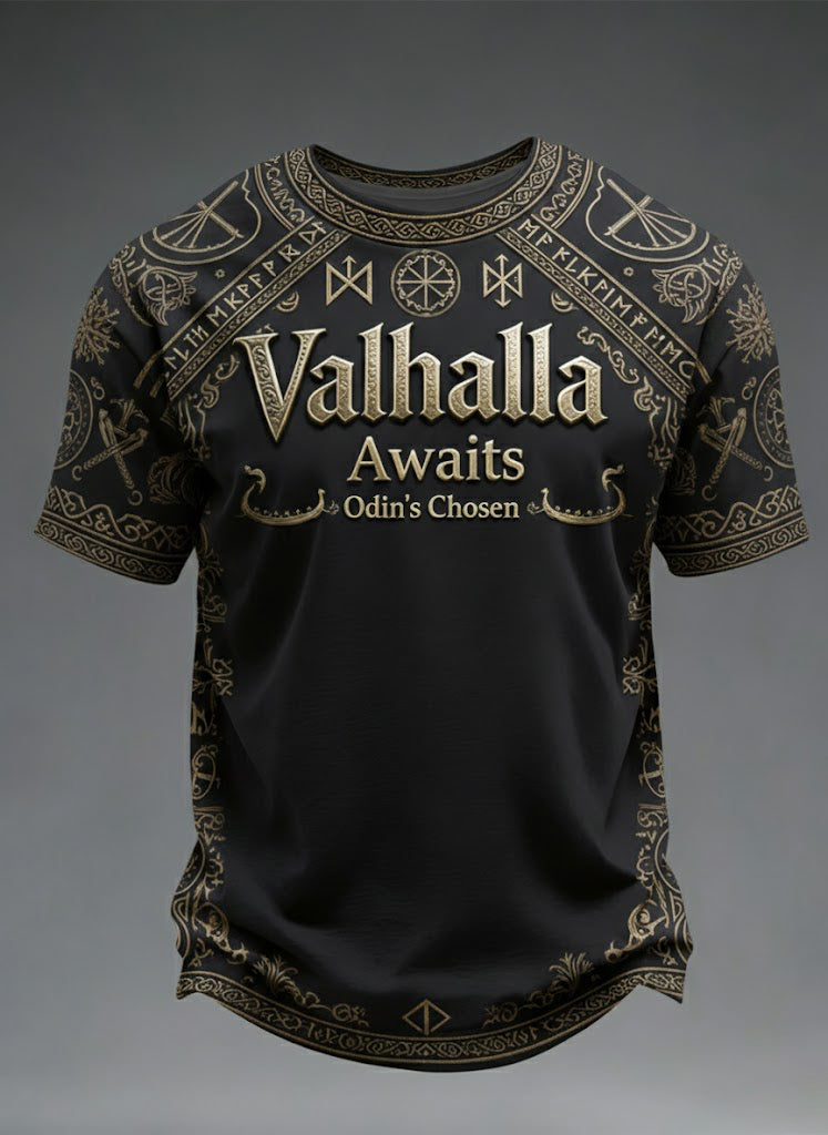 Mäns Valhalla väntar Viking tryckt T-shirt