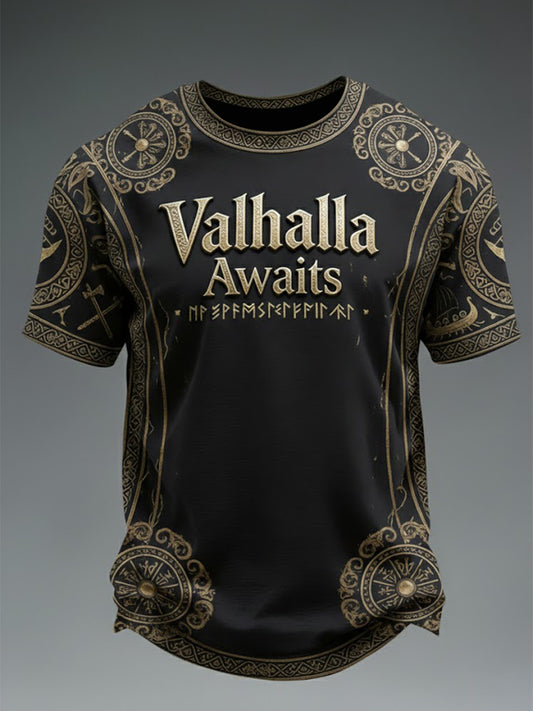 Herr Valhalla Väntar Vikingtryckt T-shirt