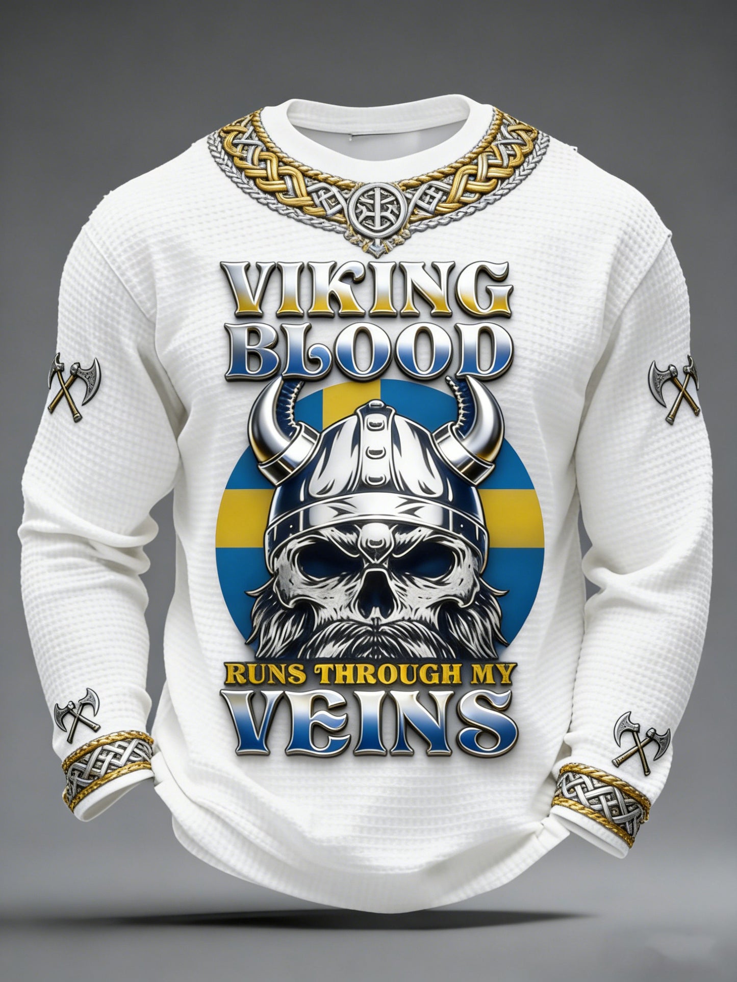 Herrtröja i vafelväv med svensk vikingamotiv och långa ärmar