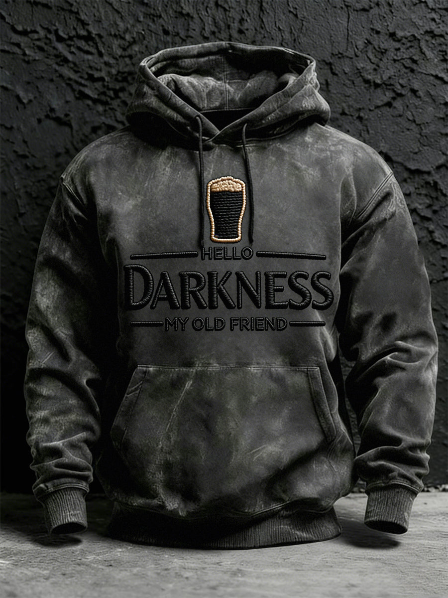 Herrtröja med huvud och ficka, print: Hello Darkness My Old Friend