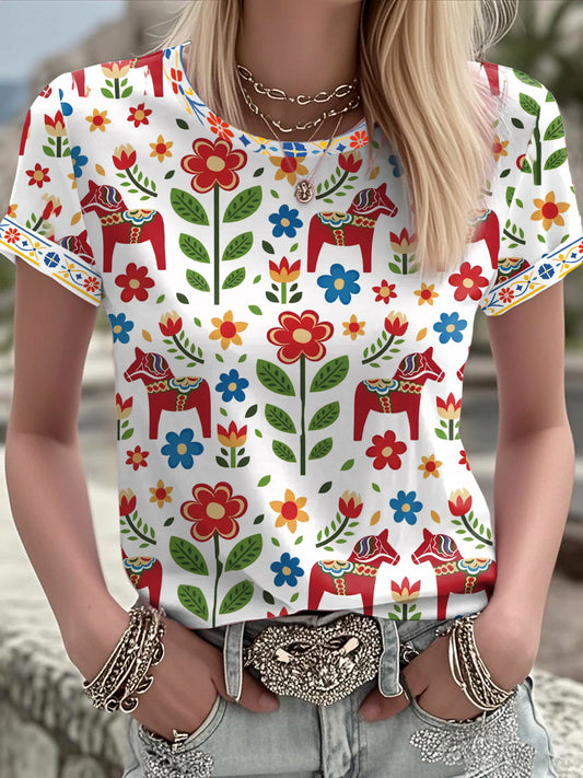 Damens svenska Dala Horse Konst Tryckt T-shirt