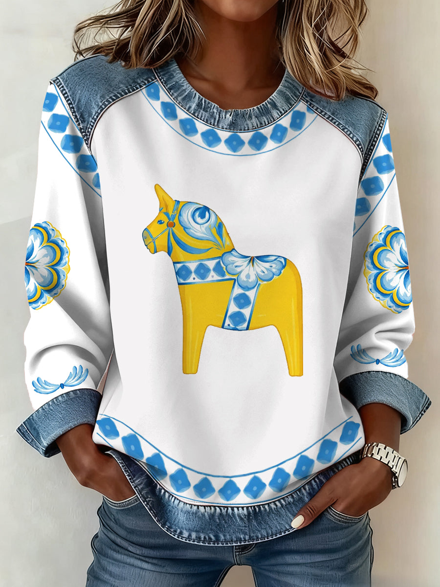 Kvinnors svenska Dala Häst Konst Mönster Mönster Konst Sweatshirt
