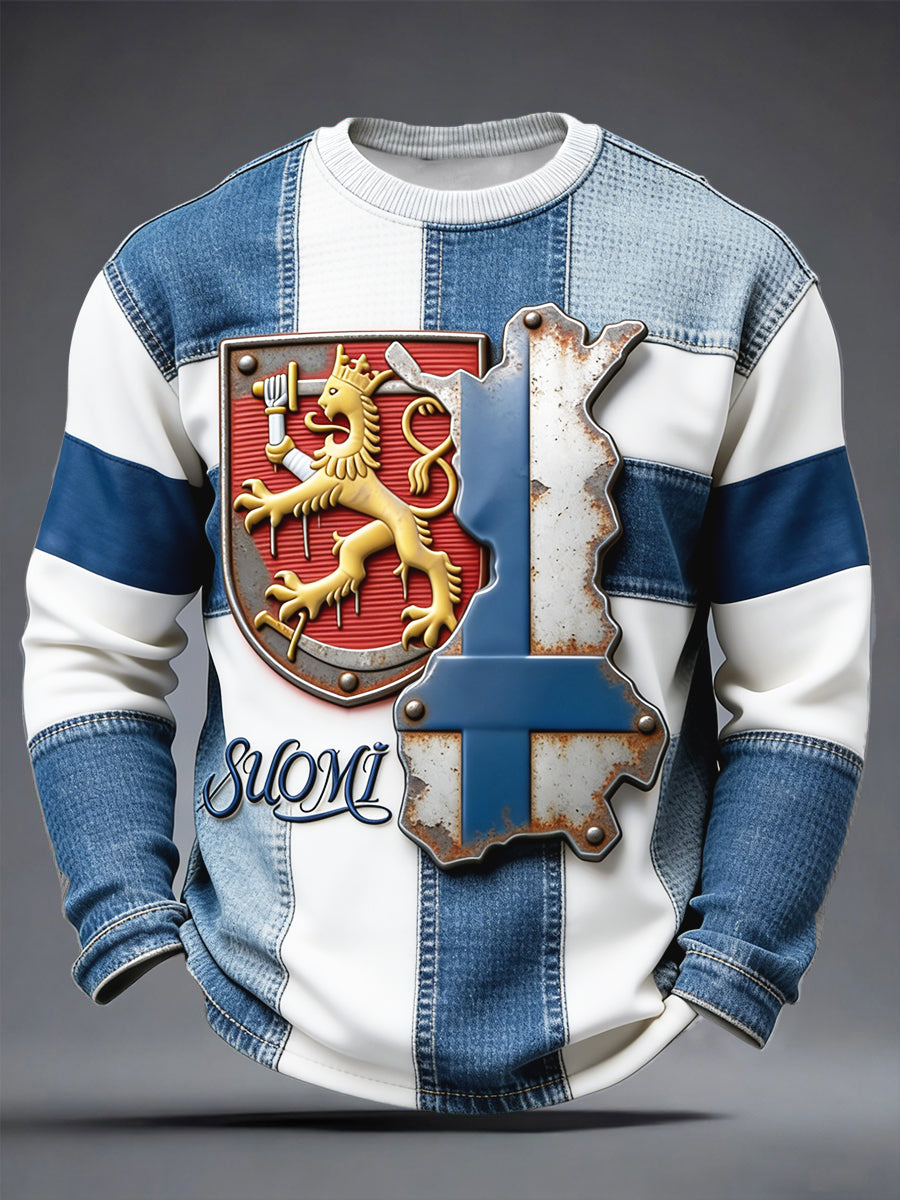 Mäns finska SUOMI Denim Patchwork Skriv ut våffla Väv långärmad T-shirt