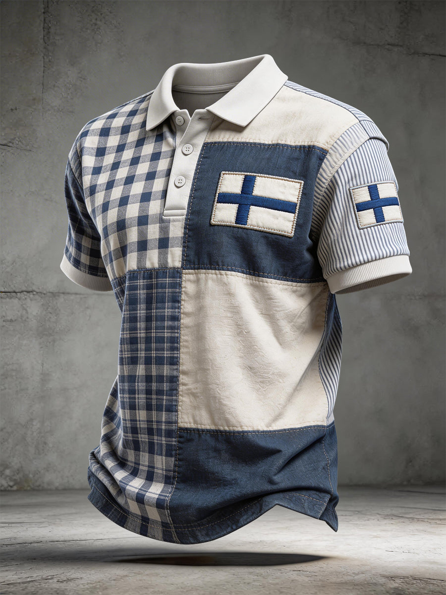 Mäns Finland Flagg Patchwork mönster Polo tröja