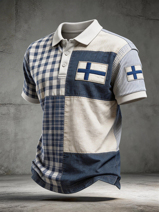 Menns Finland Flagg Patchwork-mønster Poloskjorte
