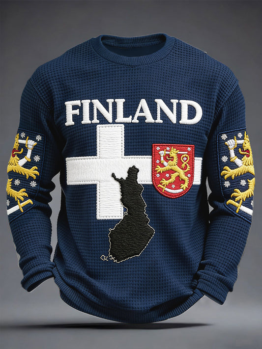 Mäns finska flagga Broderad utskrift Navy våffla Väv långärmad T-shirt