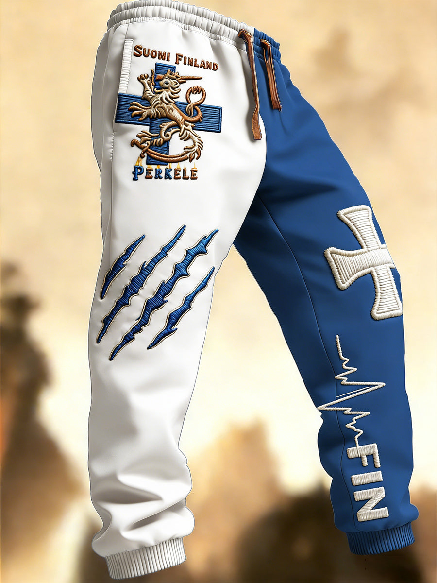 Mäns Finland Flagg Patchwork Skriv ut Casual Sports Sweatbyxor Byxor