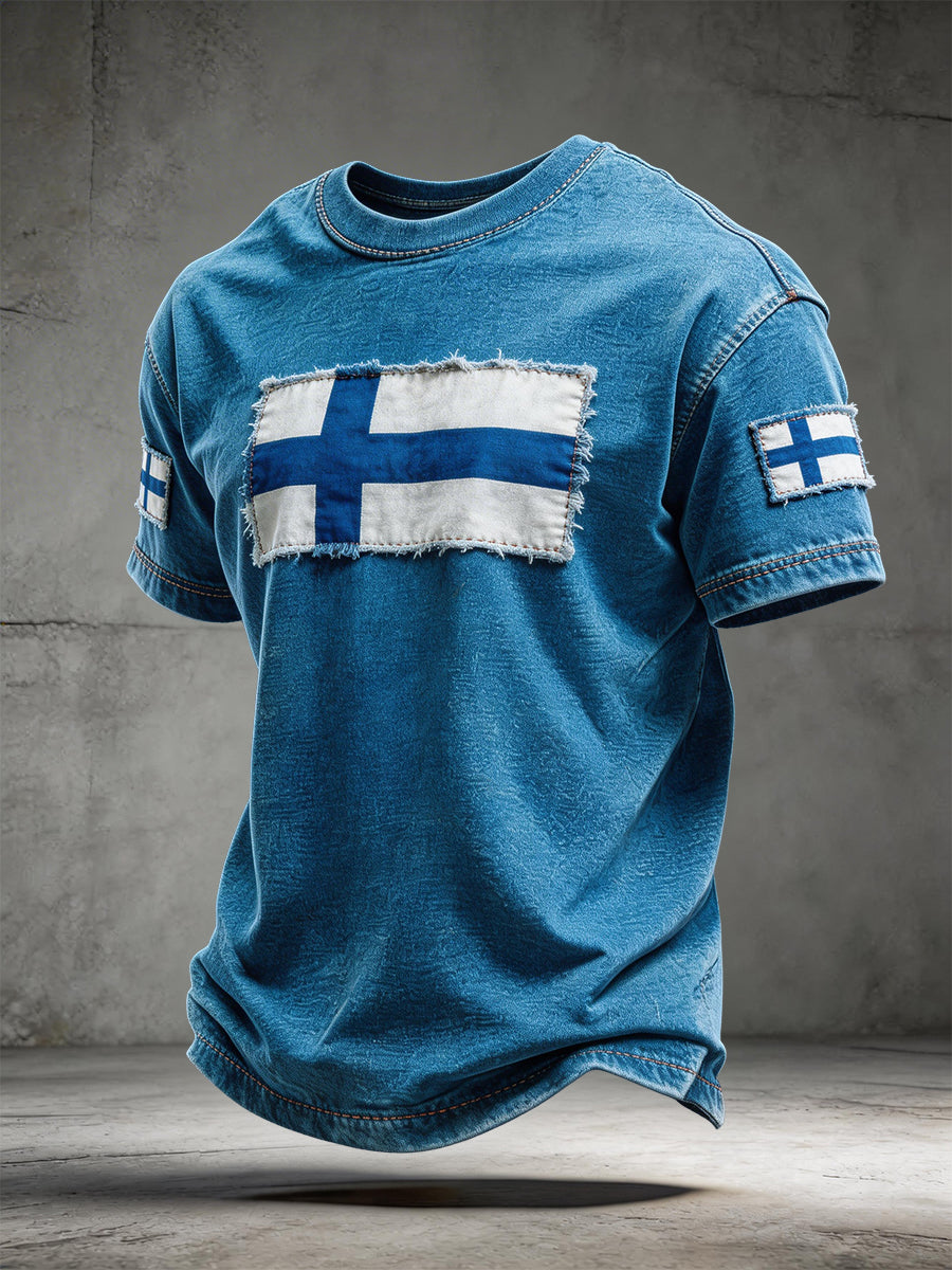 Mäns Finland Flagg Patchwork Mönster T-shirt