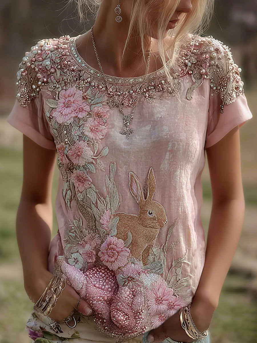 Dams T-shirt med kanin- och blommönster i casual-stil