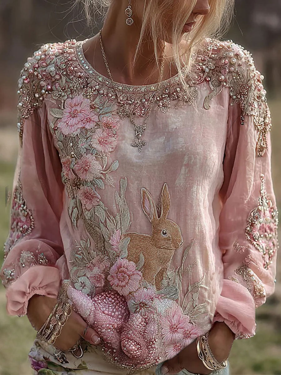 Dams T-shirt med kanin- och blommönster i casual-stil