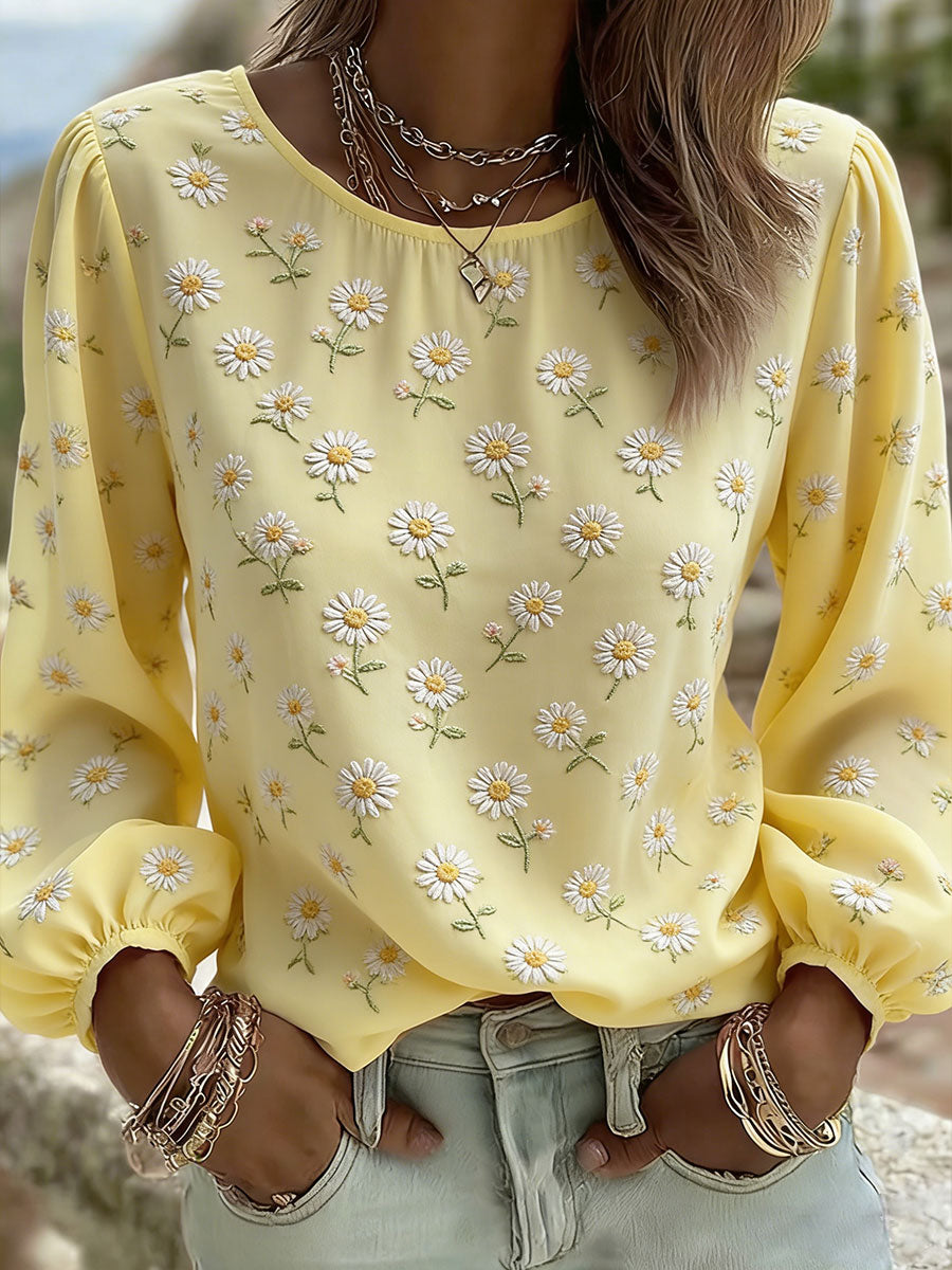 Kvinnors Daisy Art Print Casual T-shirt