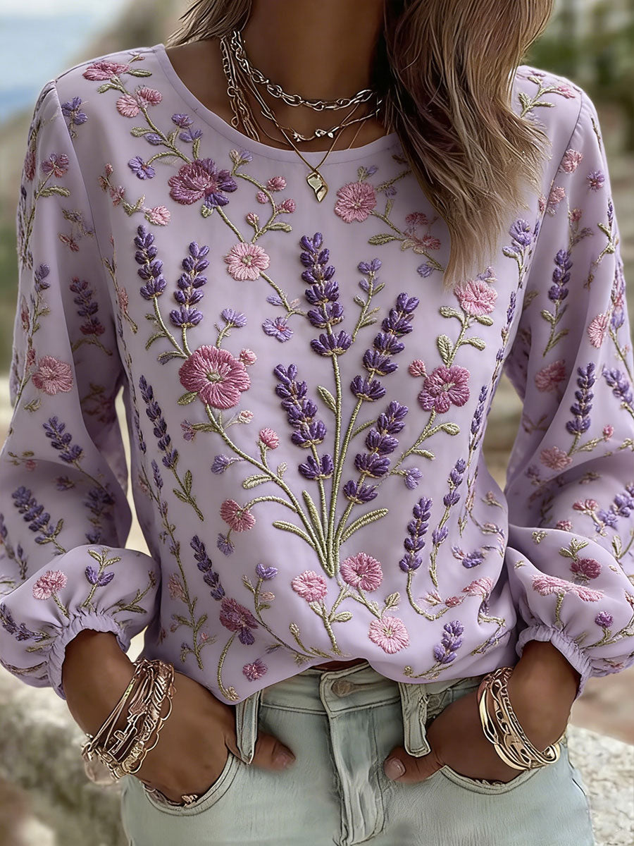 Kvinnor Lavendel Floral Art Print Casual T-shirt