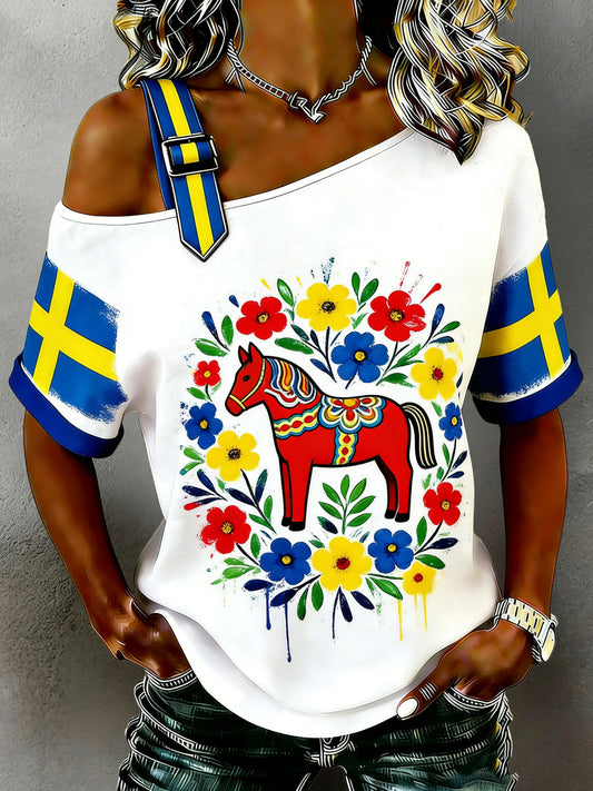 Dalahest T-skjorte med svensk stil for kvinner