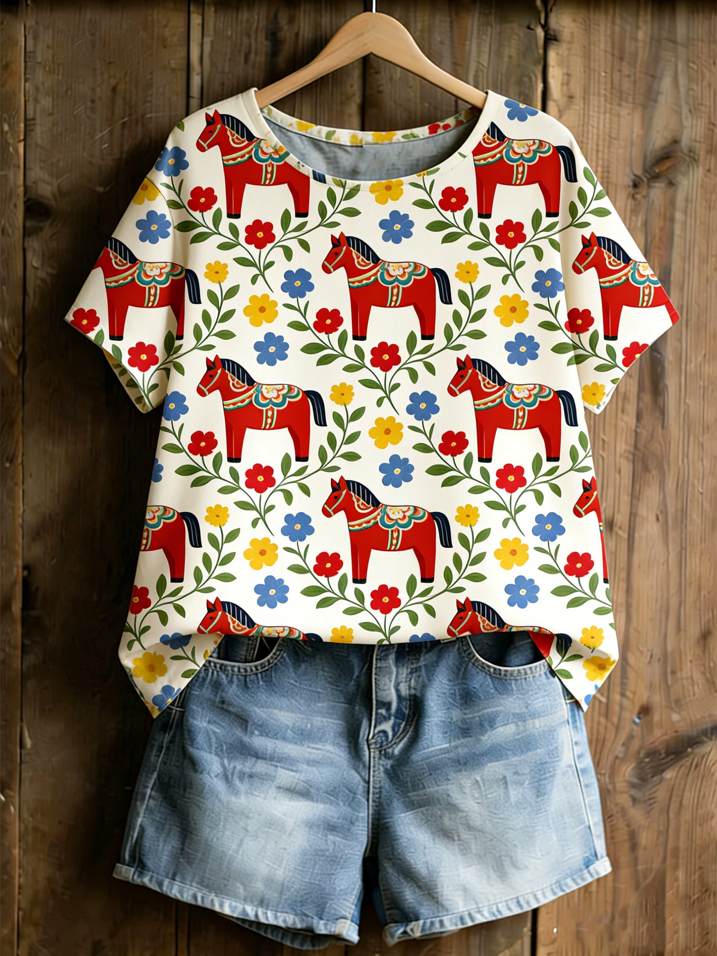 Kvinnors svensk-stil Dala Häst Tryck T-shirt