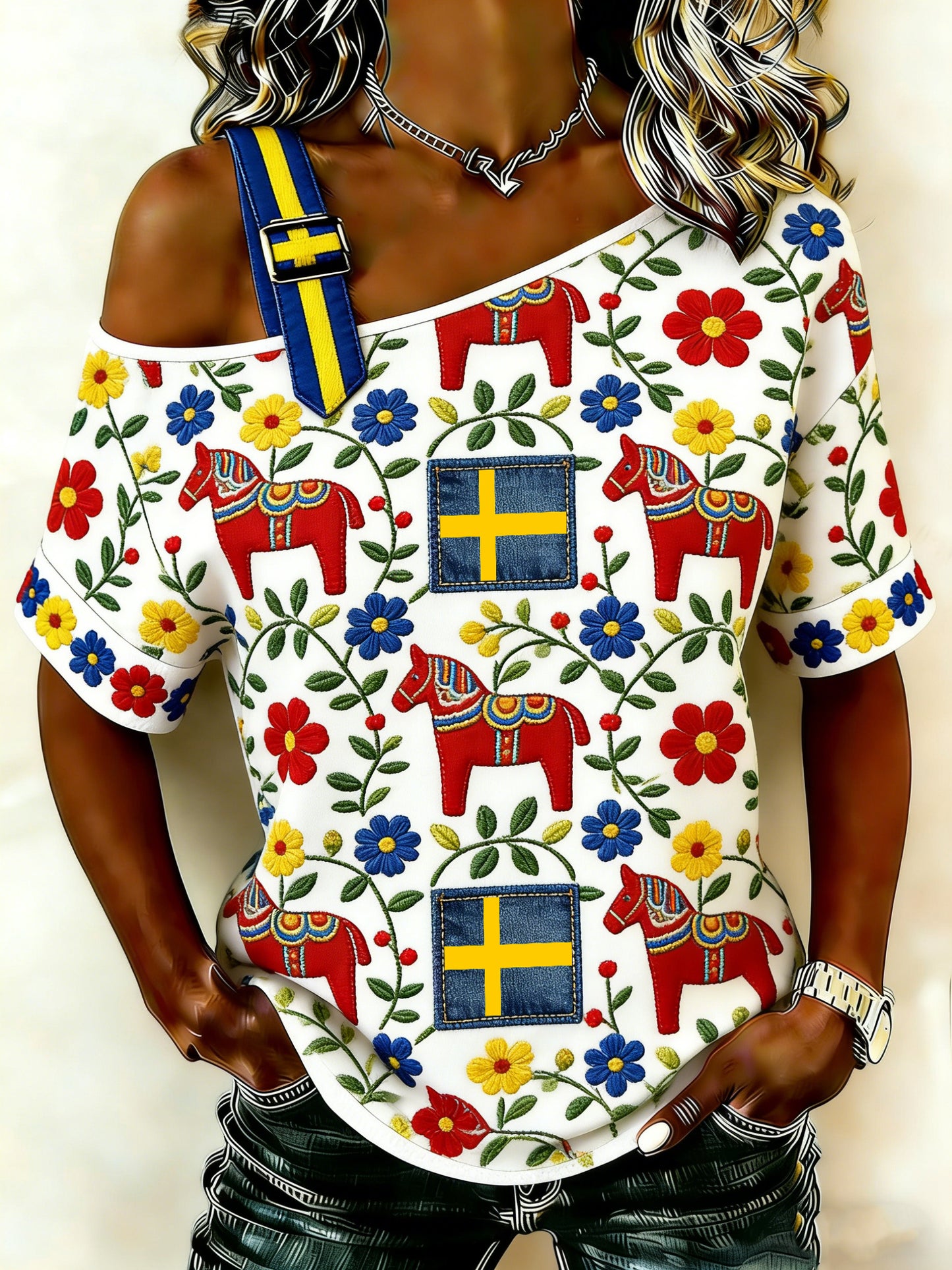 Kvinnors svensk-stil Dala Häst Tryck T-shirt