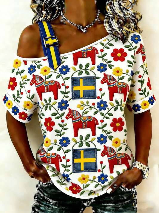 Dalahest T-skjorte med svensk stil for kvinner
