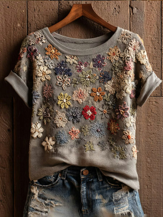 Kvinners Vintage Blomsterkunsttrykk Uformell Kort Slank T-skjorte