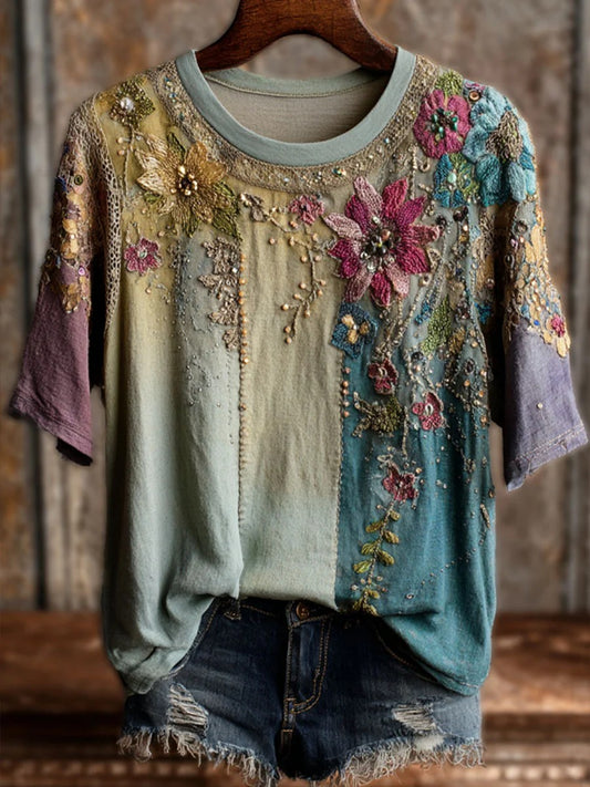 Kvinners Vintage Blomsterkunsttrykk Uformell Kort Slank T-skjorte
