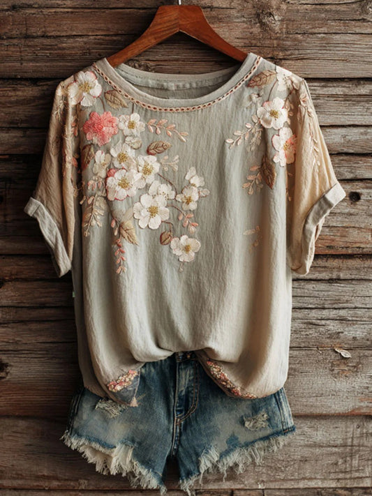 Vintage blomstret t-skjorte for damer med korte ermer