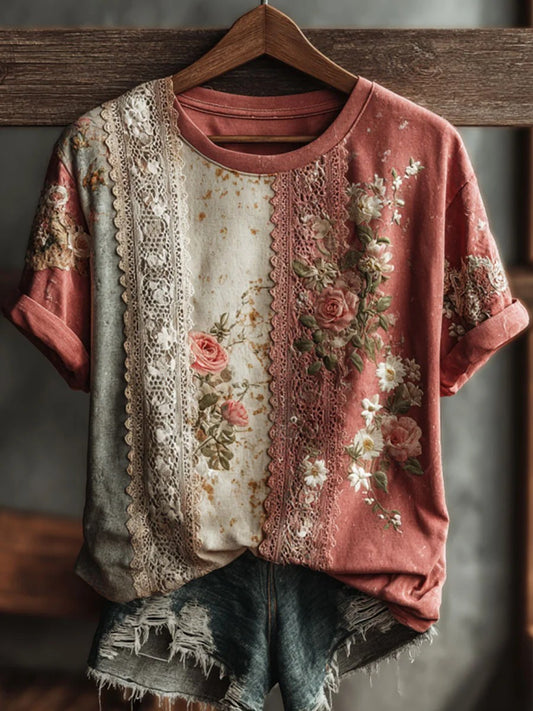 Vintage blomstret t-skjorte for damer med korte ermer
