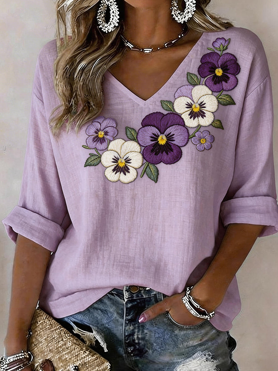 Kvinnors Pansy Floral Broderier Mönster Lin Bland skjorta
