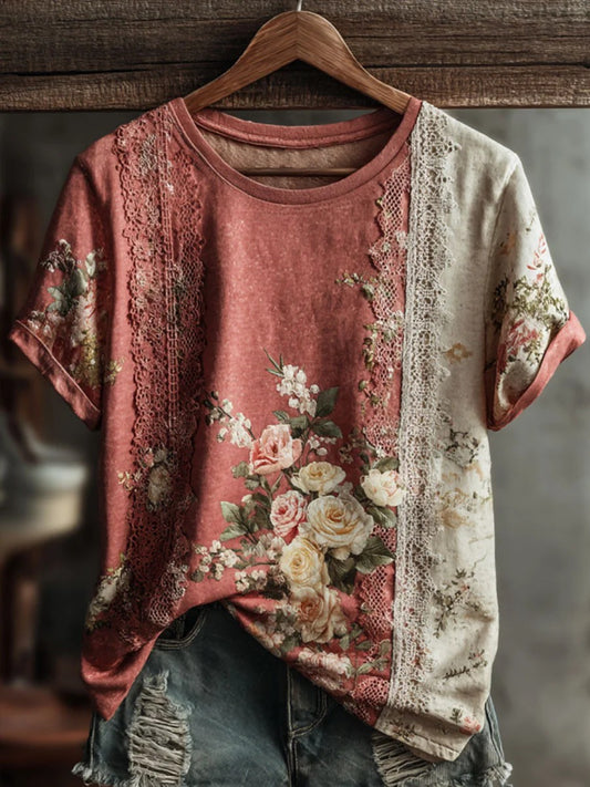 Kvinners Vintage Blomsterkunsttrykk Uformell Kort Slank T-skjorte