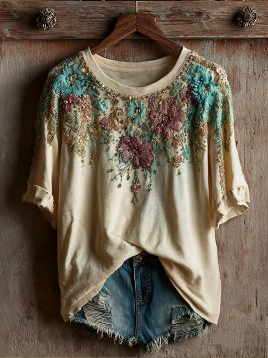 Kvinners Vintage Blomsterkunsttrykk Uformell Kort Slank T-skjorte