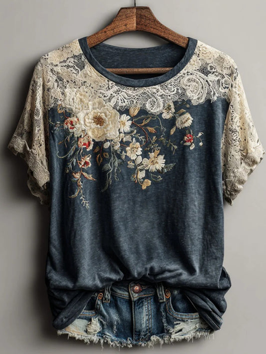 Kvinners Vintage Blomsterkunsttrykk Uformell Kort Slank T-skjorte